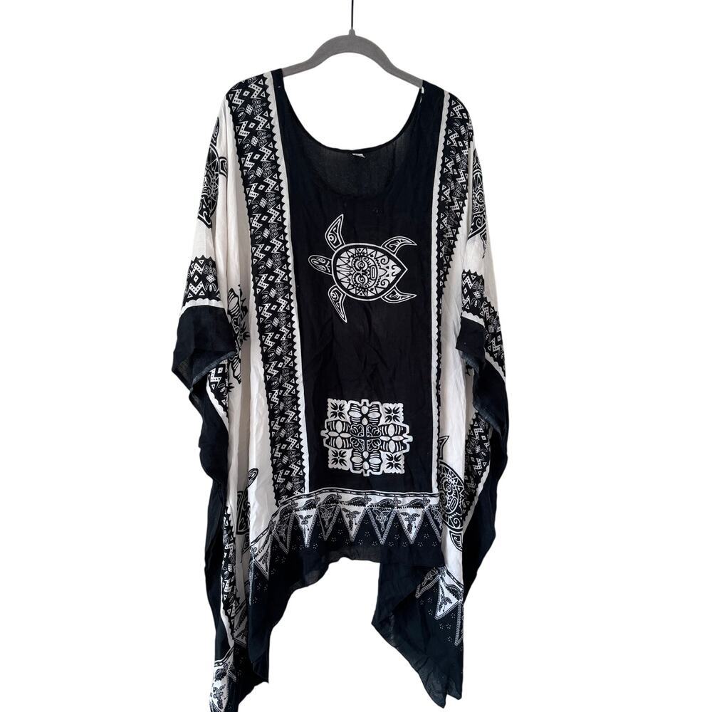 Handmade Rayon Beach Cover Up Kaftan Black White Sea Turtle Boho One Size - Picture 3 of 9